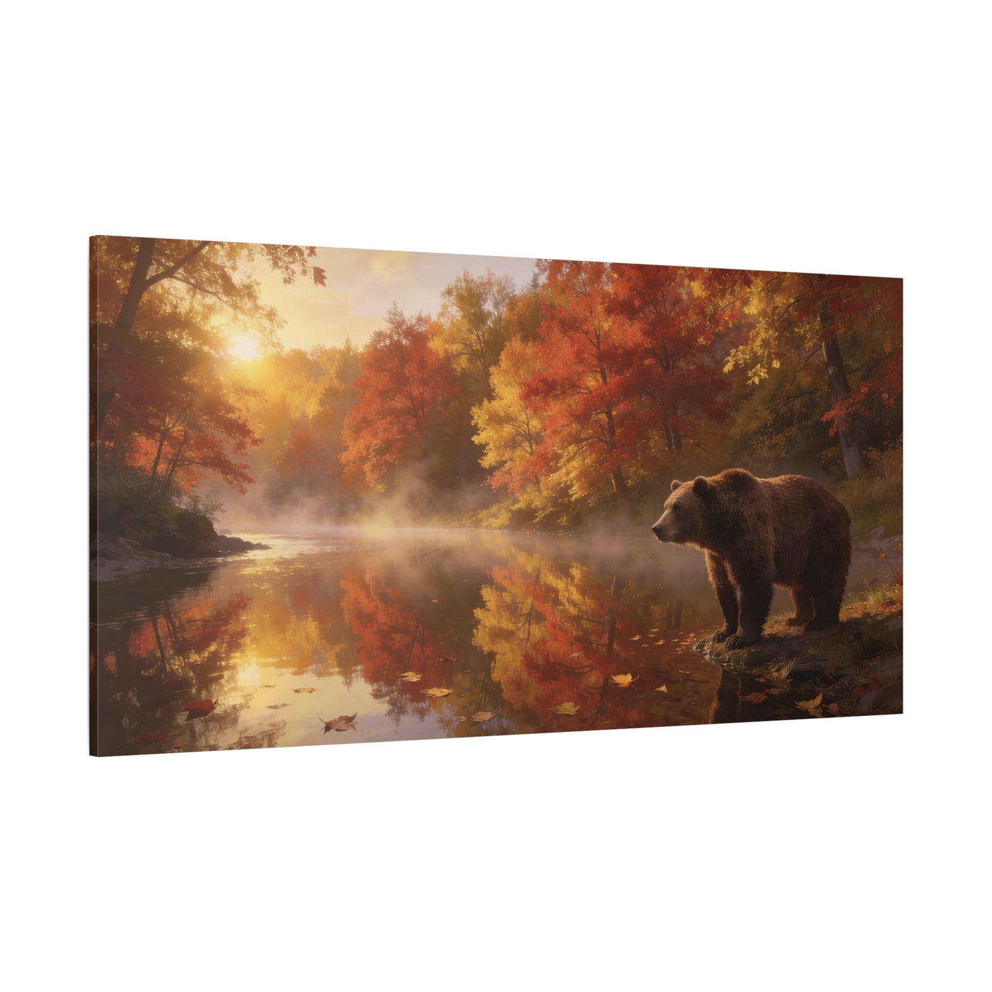Brown Bear Canvas Wall Art - Autumn Forest River Sunrise Wildlife Print, Golden Mist Reflection, Matte Canvas Print, Rustic Lodge Style, Living Room Wall Decor Office Art - Bedroom Home Decoration