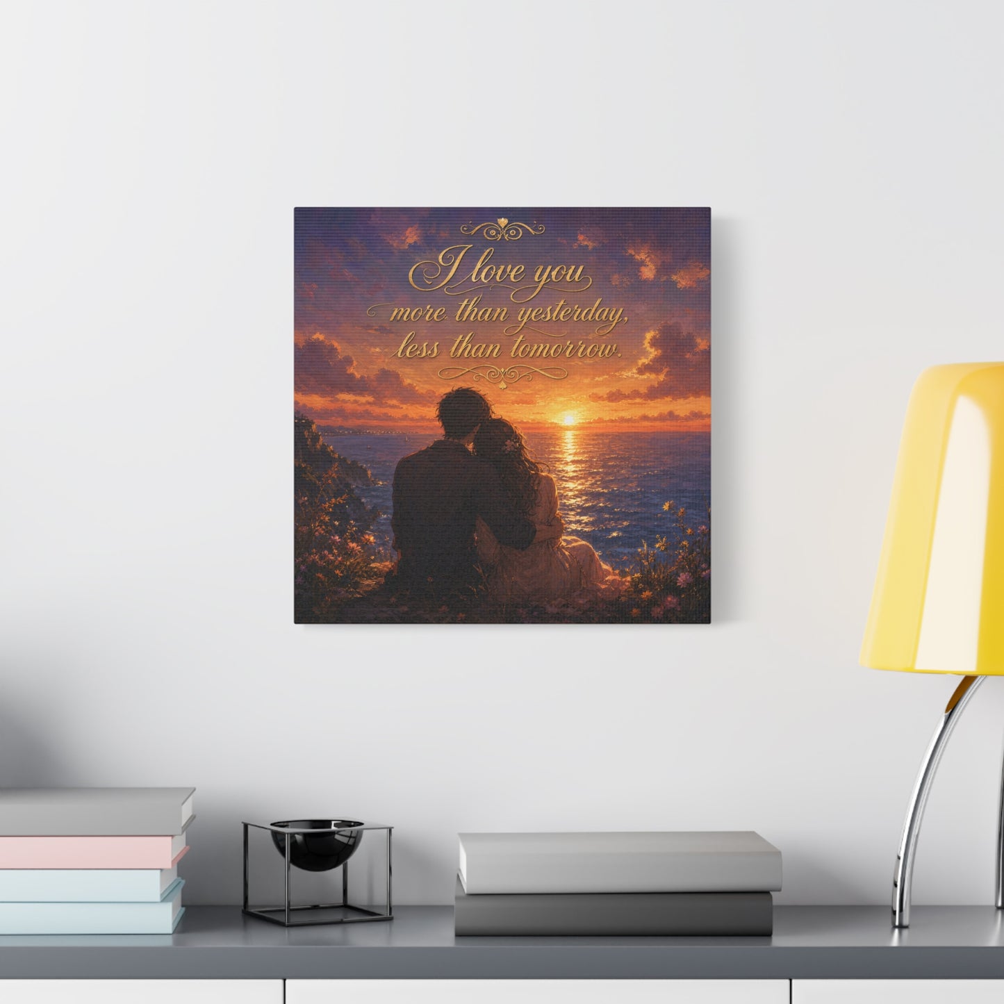 "I Love You More Than Yesterday, Less Than Tomorrow." Love Quote Canvas Wall Art - Romantic Sunset Ocean Couple Silhouette - Gold Script Seascape - Bedroom Wall Decor - Ready to Hang - Ready to Hang