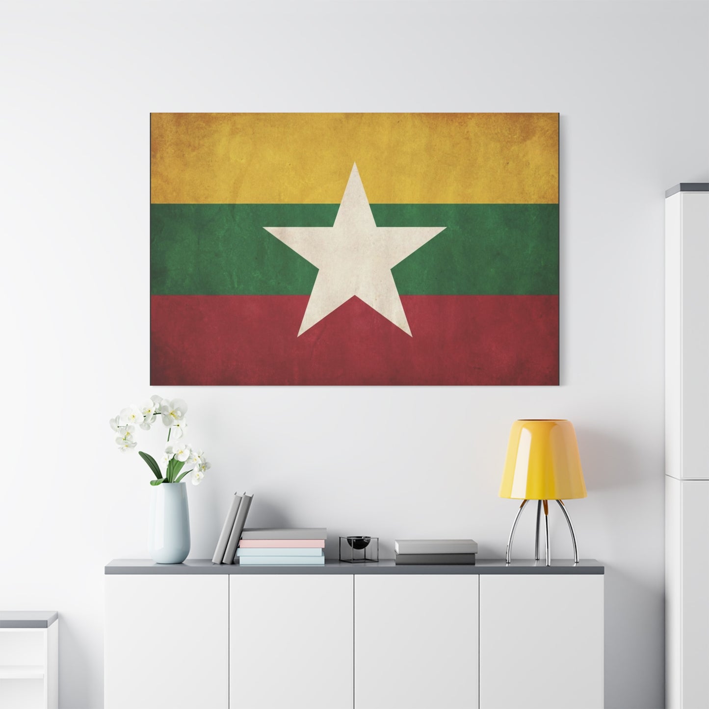 Myanmar Flag Canvas Wall Art - Vintage Burma Star Print, Patriotic Country Pride Decor - Distressed Tricolor Artwork - Living Room Wall Decor, Office Accent - Bedroom Home Decoration - Ready to Hang