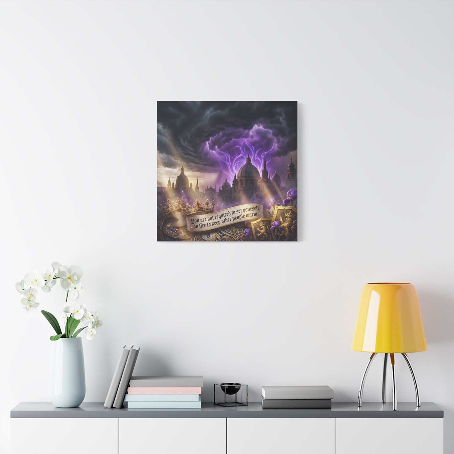 "You Are Not Required To Set Yourself On Fire" Canvas Wall Art - Gothic Castle Quote Decor, Purple Storm Sky, Crown And Iris Fantasy Print - Bedroom Home Decoration, Living Room Accent - Ready to Hang