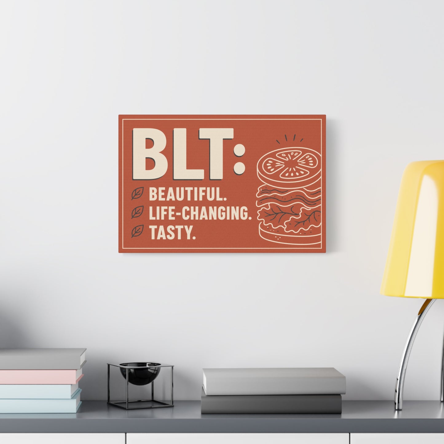 "BLT: Beautiful. Life-Changing. Tasty." Canvas Wall Art - Retro Sandwich Decor - Typography Food Illustration - Modern Farmhouse Style - Deli Wall Decor - Sandwich Shop Sign - Gallery Wrapped Canvas
