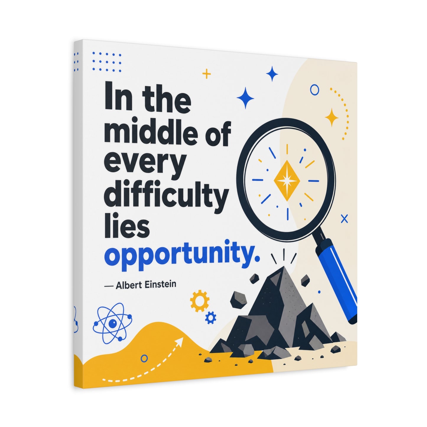 "In The Middle Of Every Difficulty Lies Opportunity." Einstein Canvas Wall Art - Motivational Quote Print, Blue Yellow Modern Typography, Office Decor, Classroom Inspiration, Study Room Accent