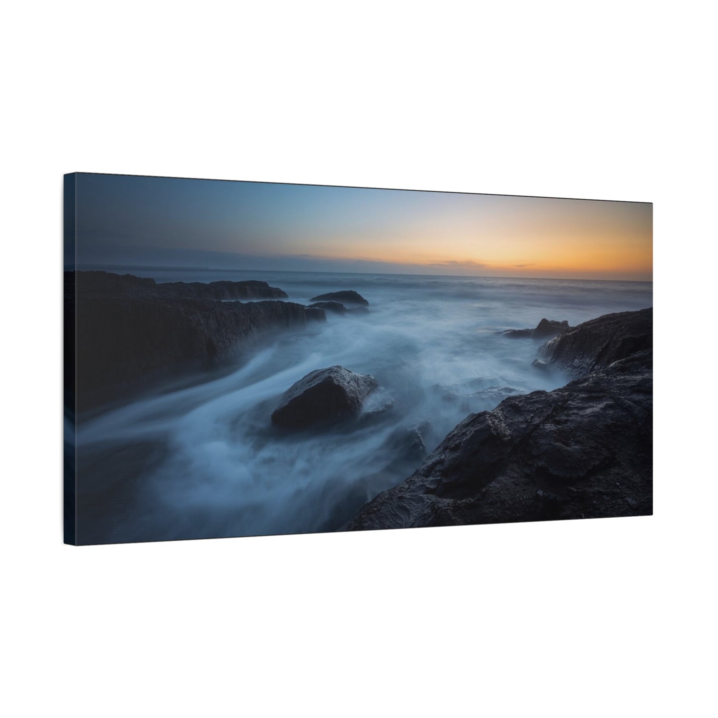 Rocky Ocean Seascape Canvas Wall Art - Long Exposure Coastal Sunset Art Print, Blue Water And Dark Stone Shoreline - Contemporary Matte Canvas Print - Living Room Bedroom Office Decor