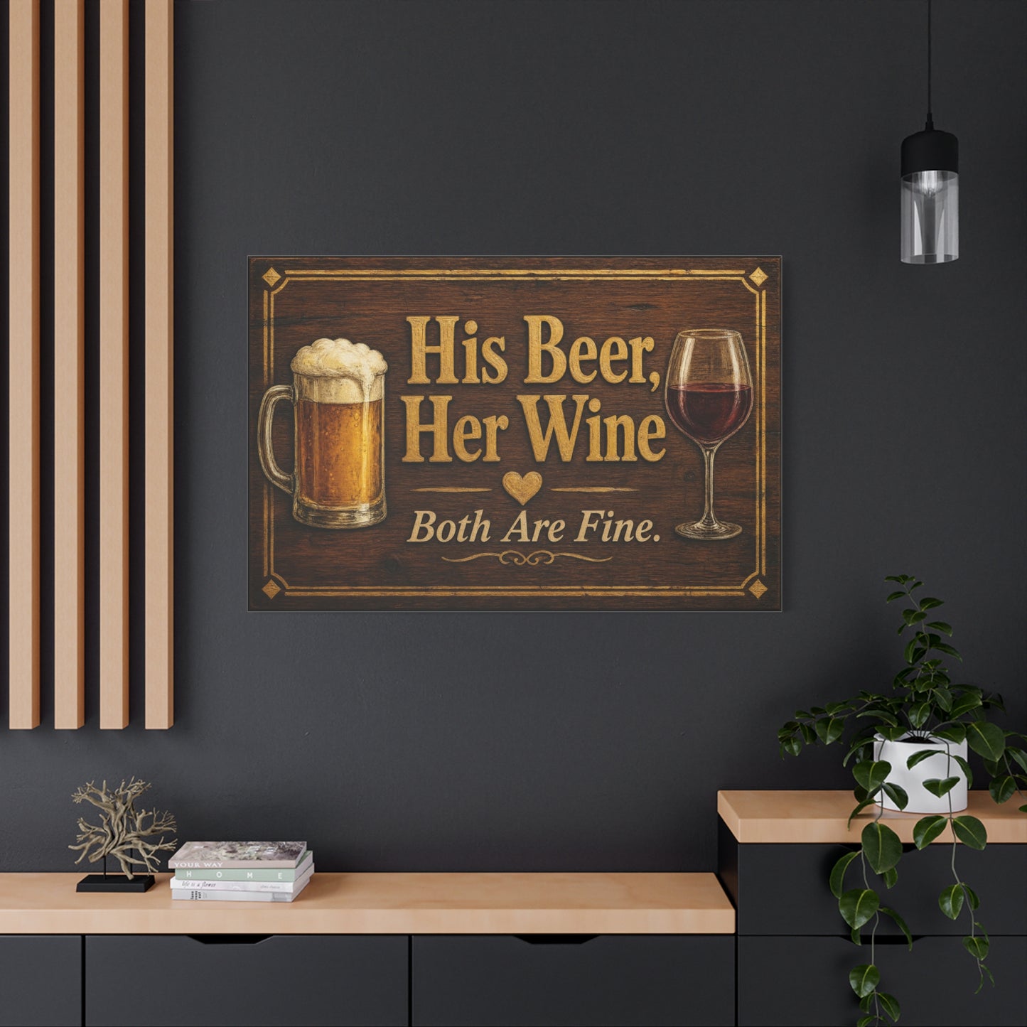 "His Beer, Her Wine Both Are Fine." Canvas Wall Art - Rustic Bar Sign, Beer Mug And Red Wine Glass Quote Print - Vintage Brown Wood Look Typography - Pub Wall Art - Cocktail Lounge Decor