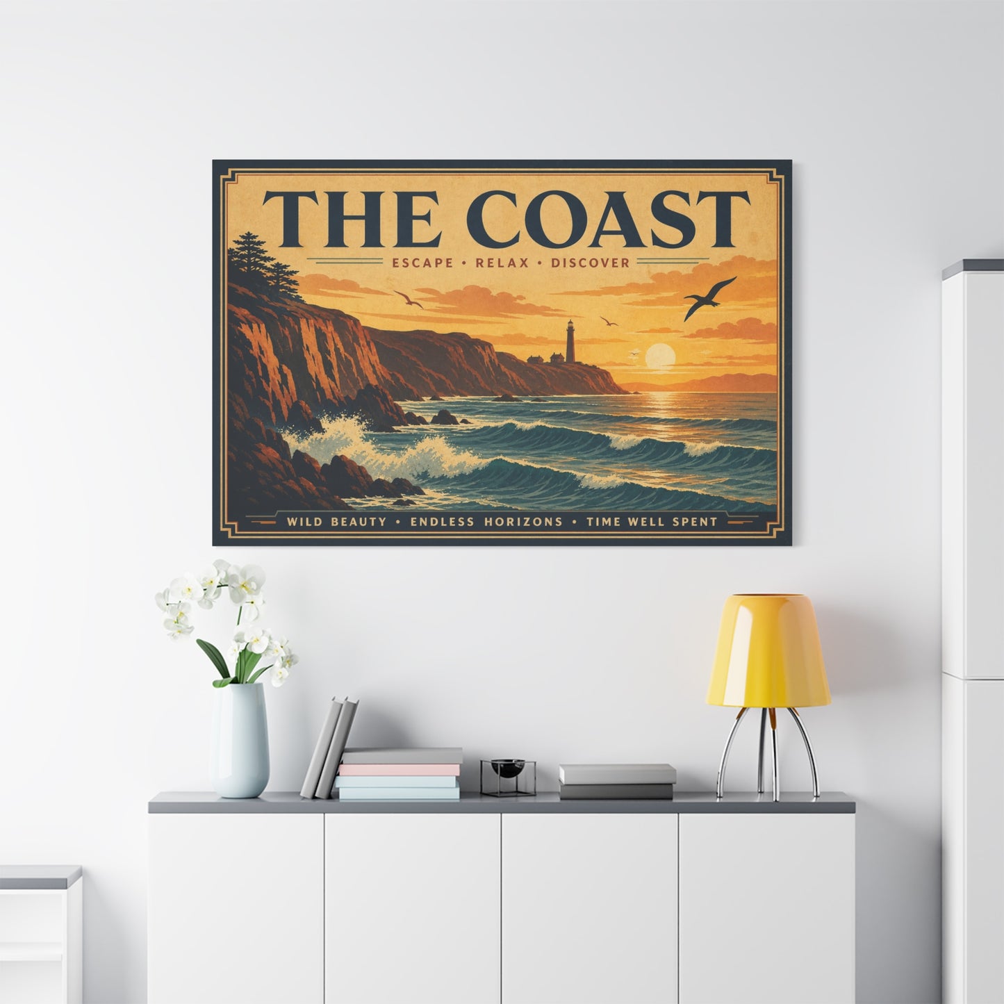 "The Coast" Coastal Canvas Wall Art - Vintage Lighthouse Sunset Ocean Waves Print - Retro Seascape Home Decor, Nautical Living Room Wall Decor - Modern Farmhouse Style - Bedroom Home Decoration