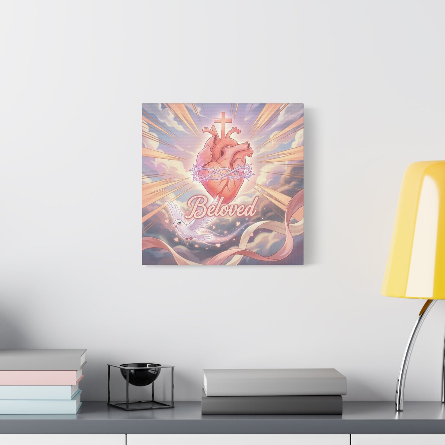"Beloved" Sacred Heart Canvas Wall Art - Cross, Dove, Crown Of Thorns Christian Decor - Pink Pastel Religious Print - Inspirational Bedroom Home Decoration, Living Room Wall Decor - Ready to Hang