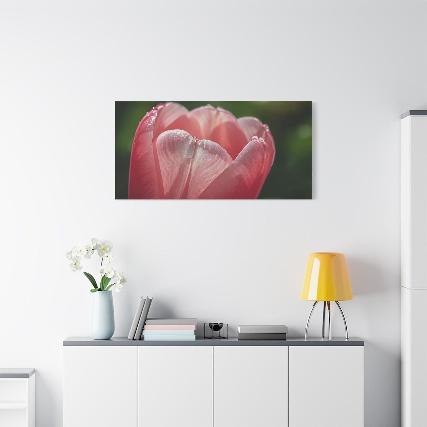 Pink Tulip Canvas Wall Art - Macro Floral Art Print, Dew Drop Petals - Matte Botanical Print - Contemporary Nature Style - Bedroom Wall Decor, Bathroom Home Accent - Bedroom Home Decoration