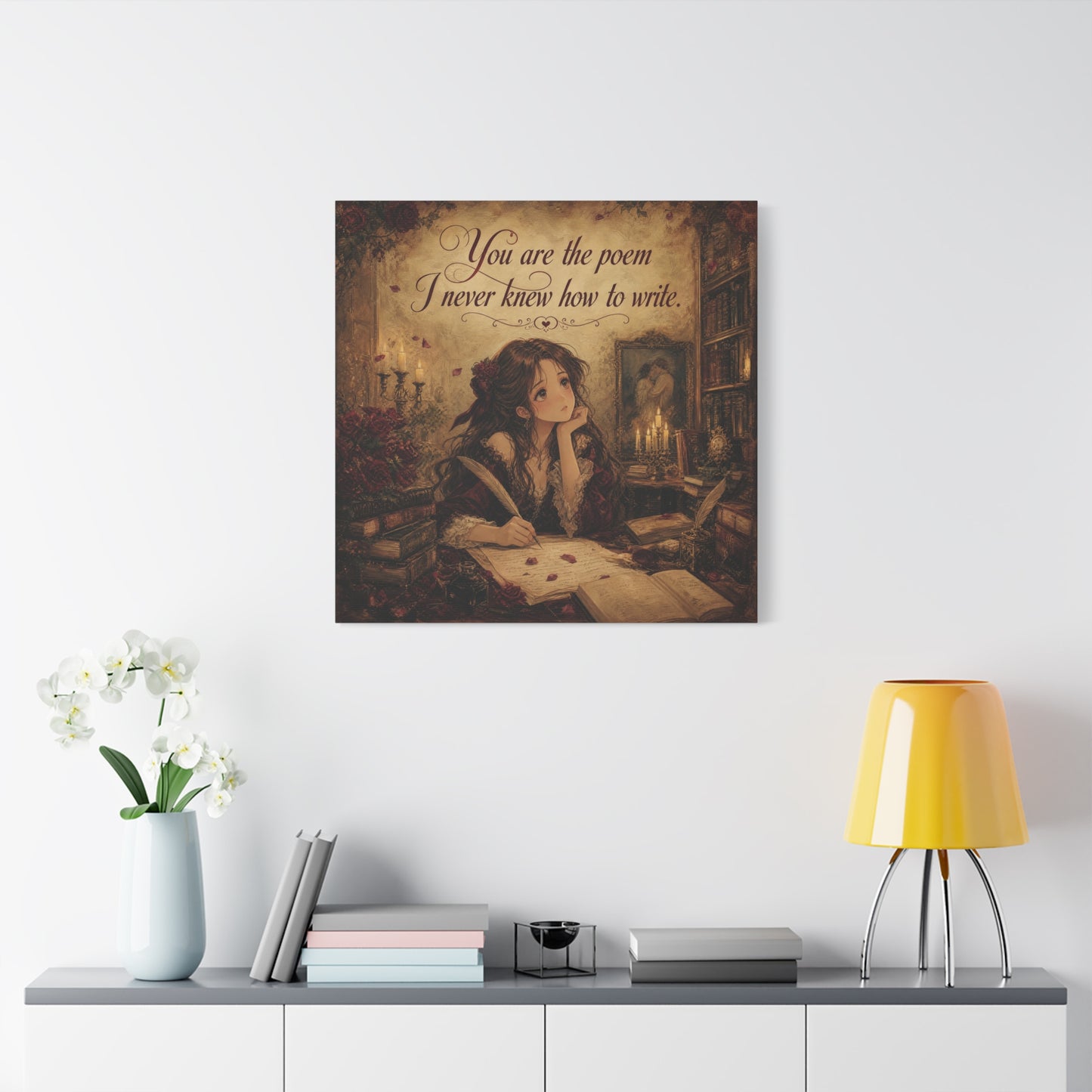 "You Are The Poem I Never Knew How To Write" Quote Canvas Wall Art - Romantic Gothic Library Girl Illustration - Vintage Brown Decor - Bedroom Wall Hanging, Teenager Room Decor - Ready to Hang