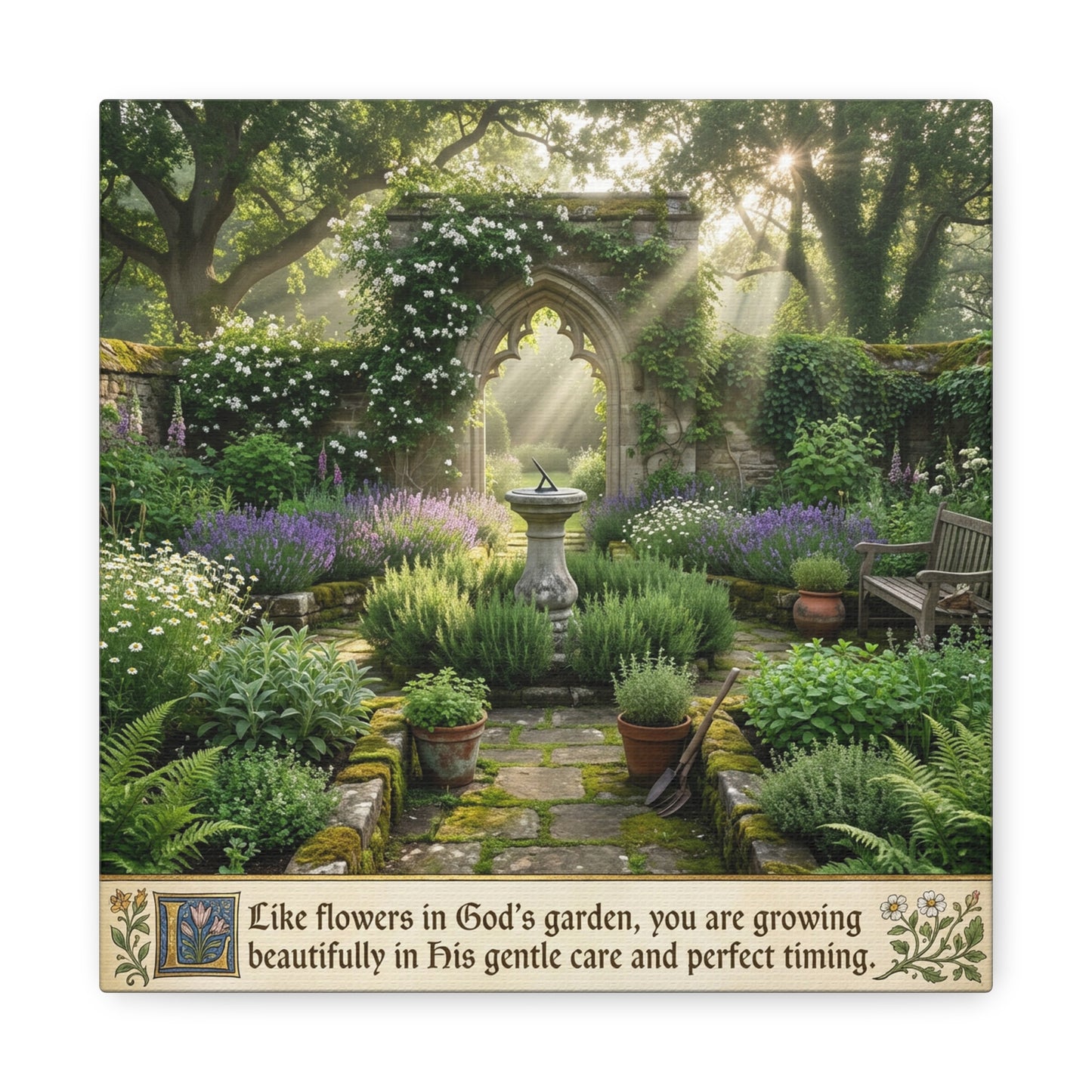 "Like Flowers In God's Garden, You Are Growing Beautifully In His Gentle Care And Divine Timing" Canvas Wall Art - Sunlit Garden Arch, Botanical Landscape Print - Living Room Decor - Office Wall Art