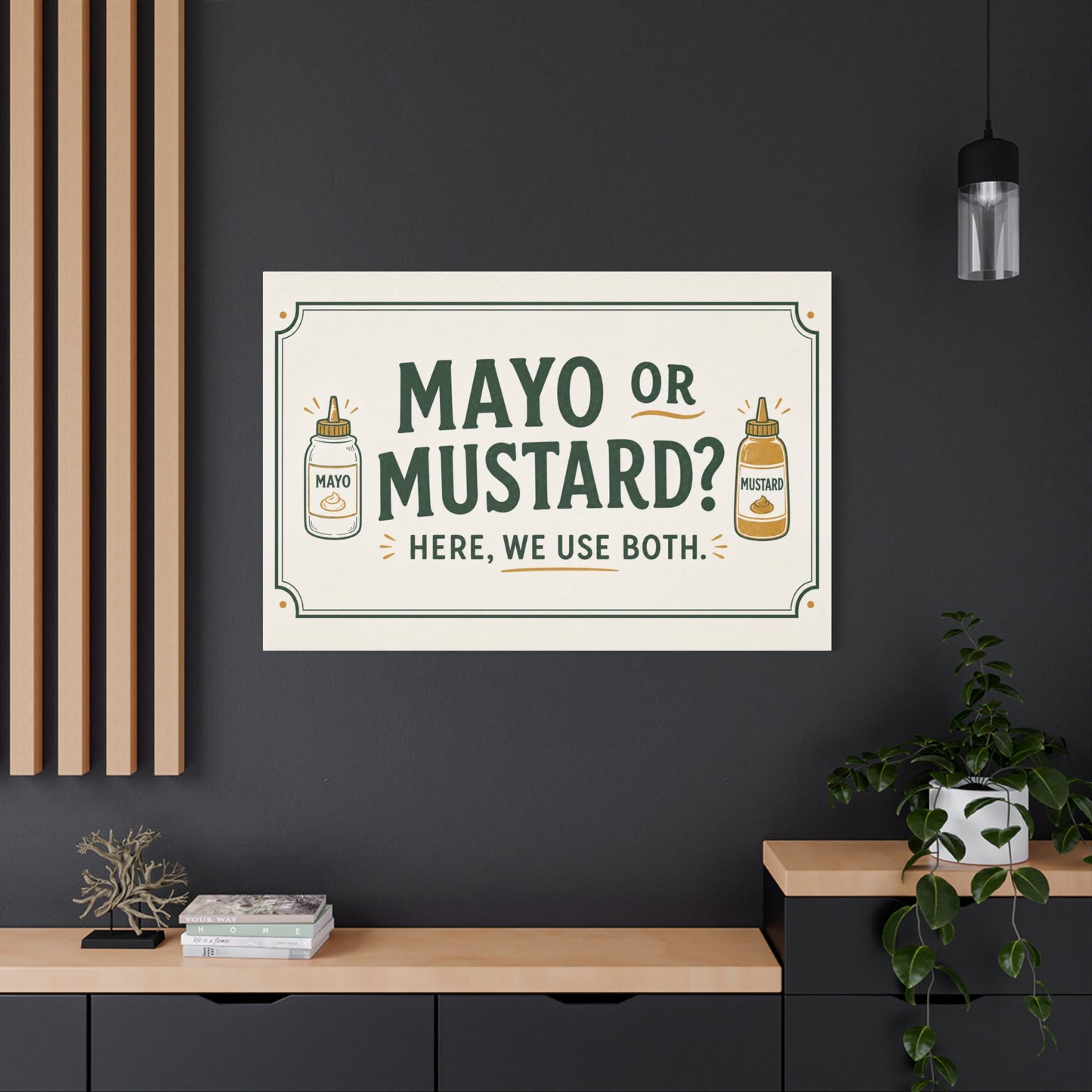 "Mayo Or Mustard Here, We Use Both." Funny Kitchen Canvas Wall Art - Condiment Quote Print, Retro Typography Food Decor, Farmhouse Dining Room Decoration - Living Room Wall Decor - Ready to Hang