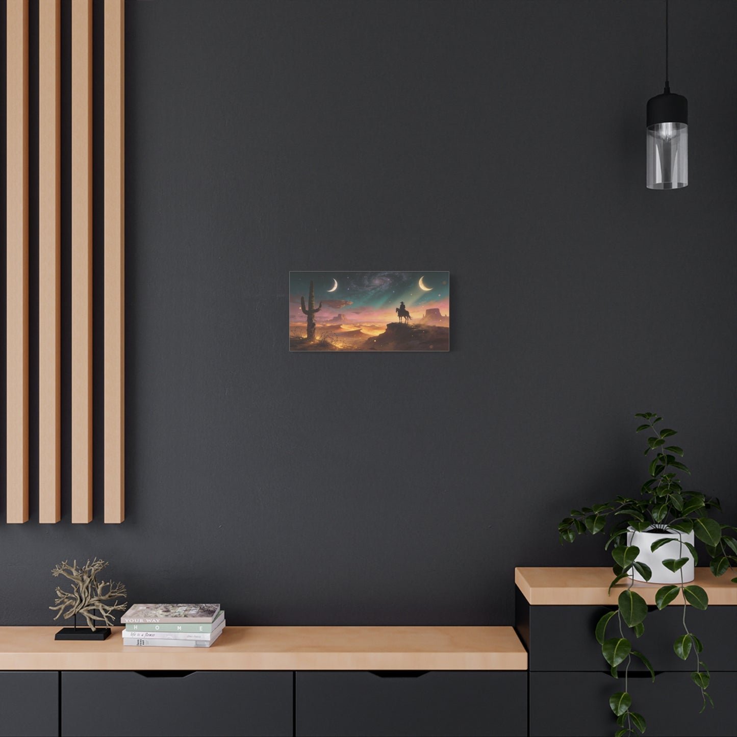 Surreal Desert Cowboy Canvas Wall Art - Crescent Moons, Galaxy Sky, Saguaro Silhouette - Matte Cotton Art Print - Contemporary Western Style, Living Room Wall Decor, Office Accent - Ready to Hang