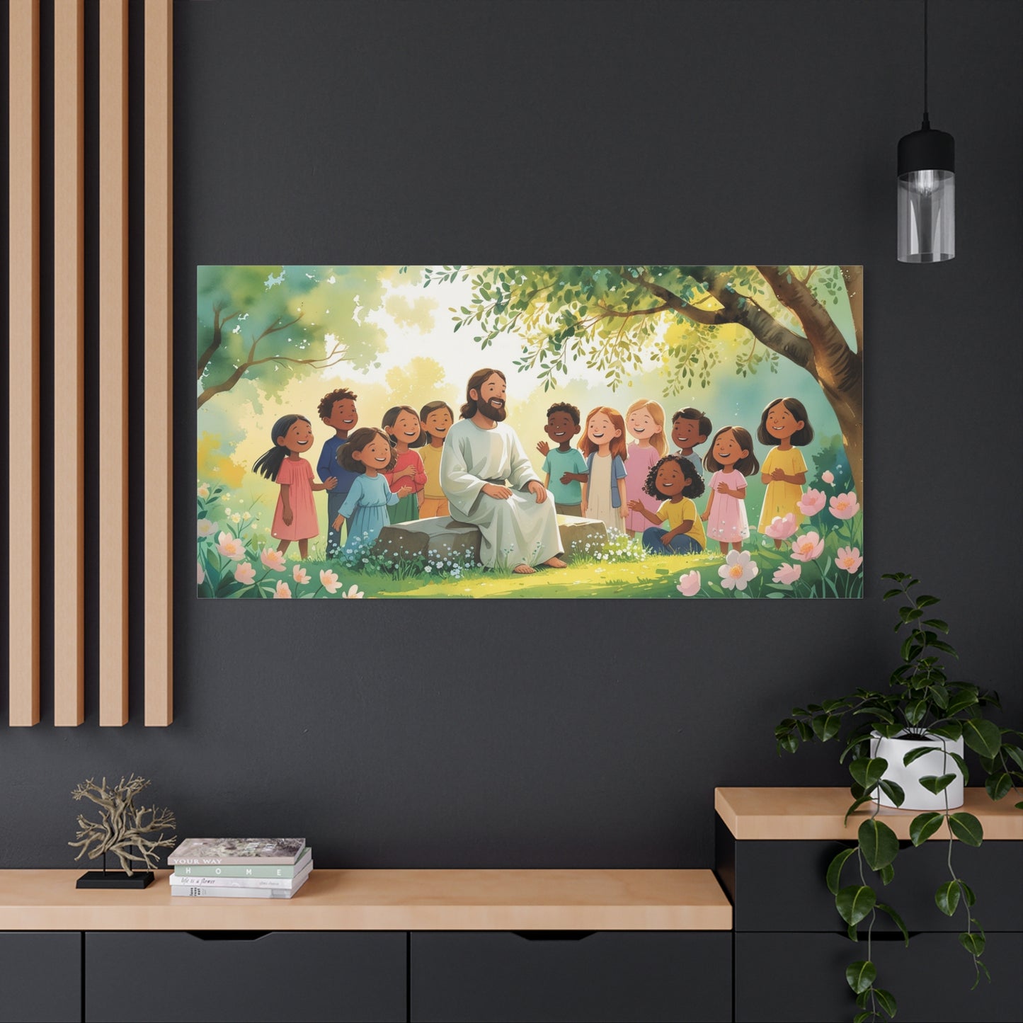 Jesus With Children Canvas Wall Art - Sunlit Garden Faith Illustration, Christian Nursery Decor, Matte Cotton Print, Traditional Style - Kids Room, Classroom, Living Room Wall Decor - Ready to Hang