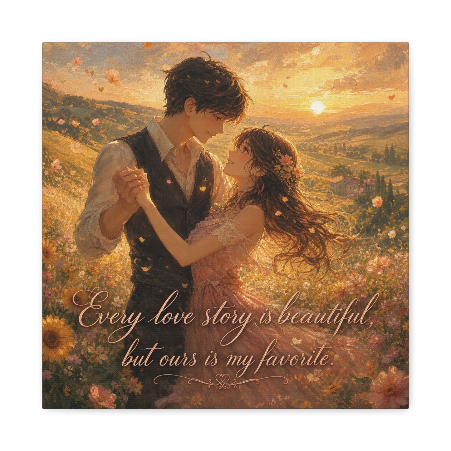 "Every Love Story Is Beautiful, But Ours Is My Favorite" Romantic Couple Canvas Wall Art - Golden Sunset Wildflower Field - Dreamy Rustic Style - Bedroom Wall Decor - Ready to Hang - Ready to Hang