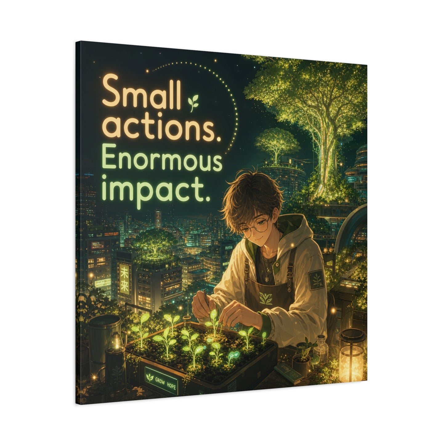 "Small Actions. Enormous Impact." Inspirational Canvas Wall Art - Anime Boy Gardening Cityscape - Glowing Green Night Illustration - Bedroom Home Decoration, Home Office Decor - Living Room Wall Decor