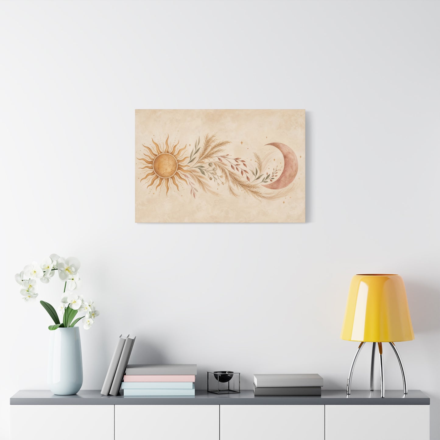 Boho Sun And Moon Canvas Wall Art - Celestial Botanical Pampas Grass Print - Neutral Beige Terracotta Modern Bohemian Decor - Bedroom Living Room Wall Decor - Meditation Space Accent - Ready to Hang