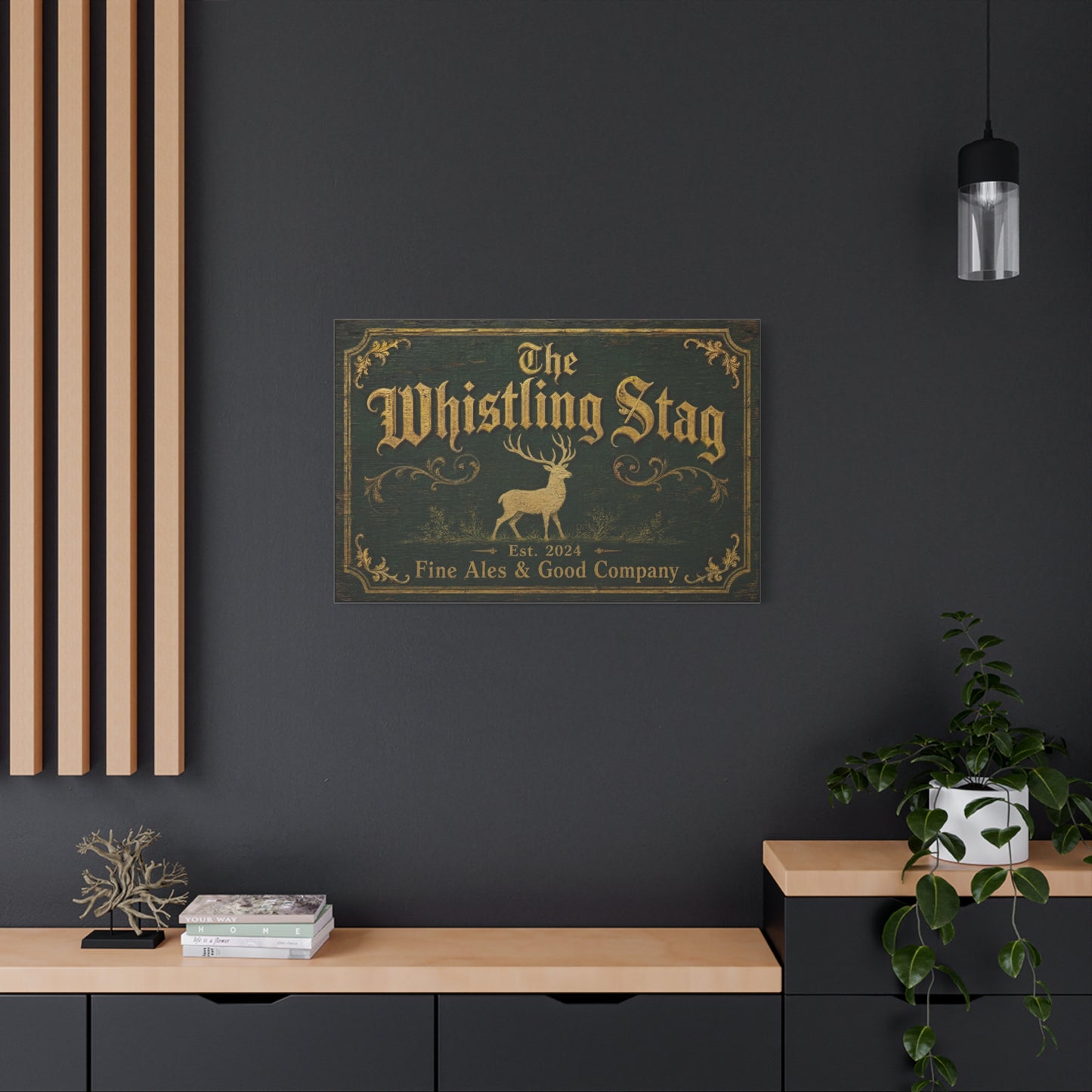 "The Whistling Stag" Canvas Wall Art - Vintage Deer Tavern Sign, Rustic Typography Print - Woodland Pub Style, Green And Gold - Bar Cart Accent - Ready to Hang - Pub Wall Art - Cocktail Lounge Decor