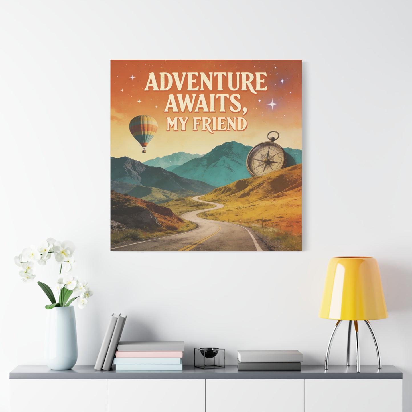 "Adventure Awaits, My Friend" Inspirational Canvas Art Print - Mountain Road, Hot Air Balloon, Compass - Vintage Travel Style, Office Decor, Workspace Accent, Lobby Display, Motivational Art