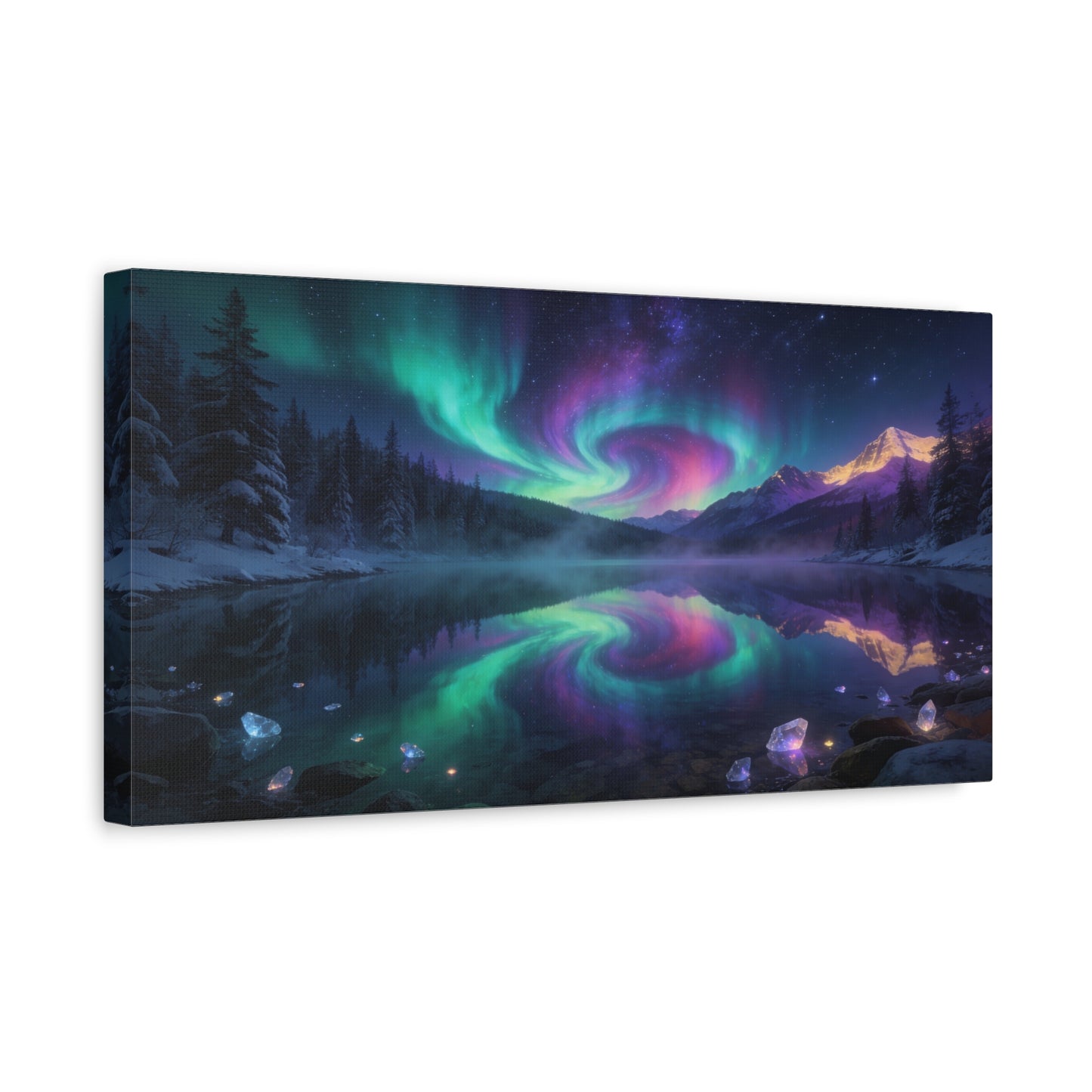 Aurora Borealis Mountain Lake Canvas Wall Art - Northern Lights Night Sky, Snowy Pine Forest Reflection - Dreamy Matte Canvas Print - Bedroom Wall Decor, Living Room Accent - Bedroom Home Decoration