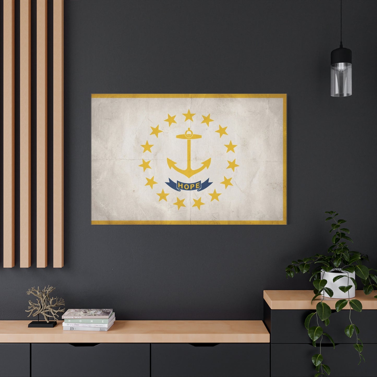 "HOPE" Rhode Island Flag Canvas Wall Art - Anchor And Stars State Print, Vintage Nautical Decor - Minimalist Gold Blue Design - Living Room Wall Decor - Bedroom Home Decoration - Cozy Reading Nook Art