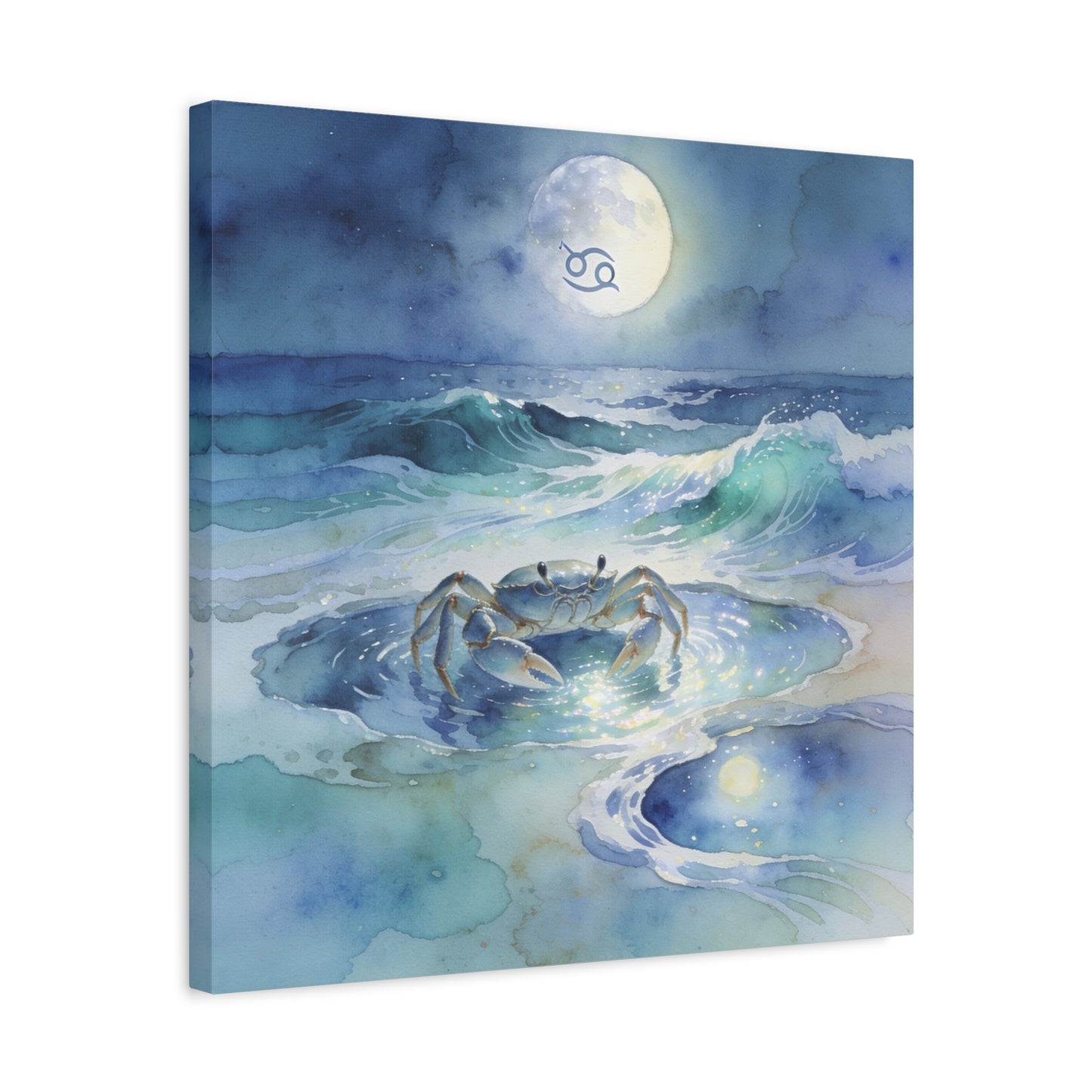 Cancer Zodiac Canvas Wall Art - Moonlit Ocean Crab Watercolor Print, Coastal Astrology Decor - Serene Blue Seascape - Bedroom Wall Decor, Meditation Space Accent, Bohemian Style - Ready to Hang