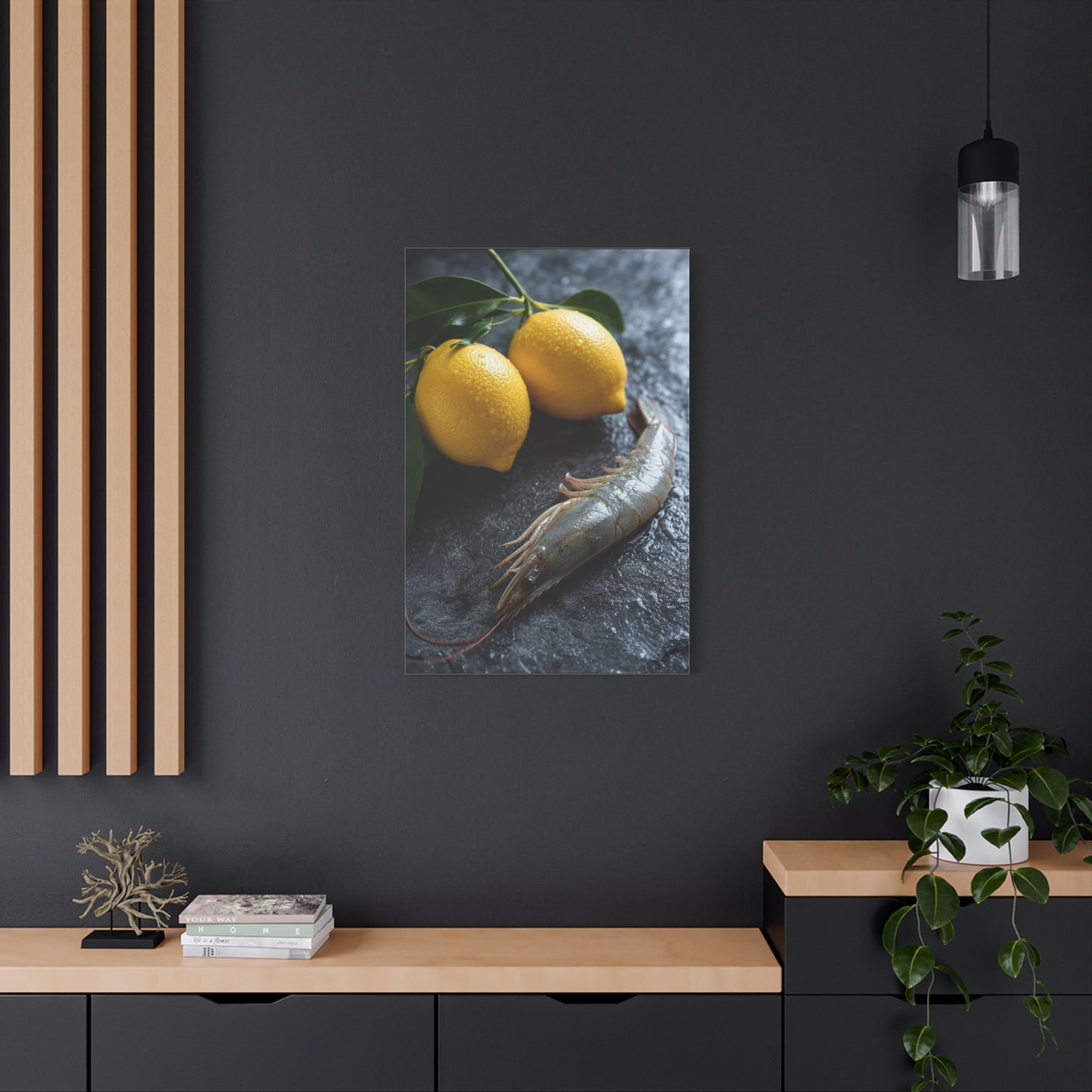 Lemon And Shrimp Canvas Wall Art - Still Life Food Art Print, Moody Kitchen Decor - Matte Cotton Art Print - Contemporary Dining Room Accent, Coastal Restaurant Wall Decor - Bedroom Home Decoration