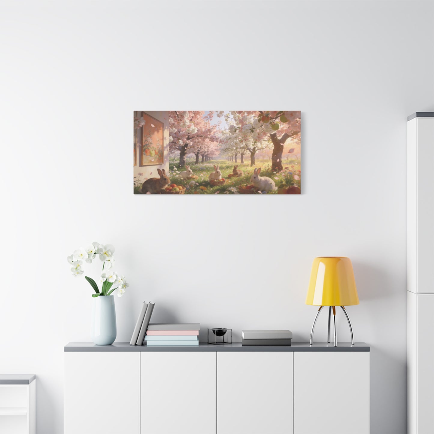 Cherry Blossom Rabbit Canvas Wall Art - Spring Orchard Bunnies, Apple Basket Meadow Scene - Matte Cotton Print, Pastel Floral Style - Bedroom Wall Decor, Nursery Home Decoration - Ready to Hang