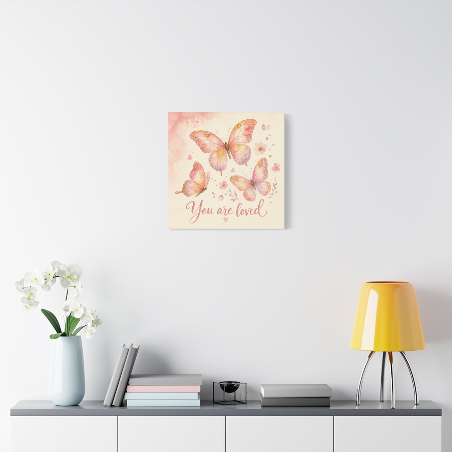 "You Are Loved" Butterfly Canvas Wall Art - Pink Watercolor Butterflies, Inspirational Nursery Decor - Soft Pastel Floral Home Decoration - Bedroom Wall Hanging, Baby Girl Room Accent - Ready to Hang