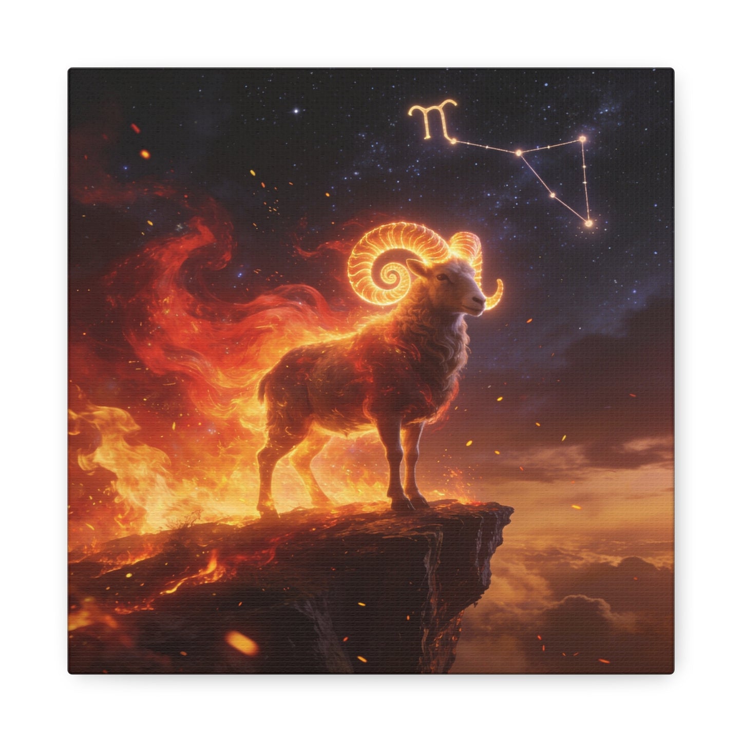 Aries Ram Canvas Wall Art - Fiery Zodiac Constellation Celestial Animal Print - Glowing Horns, Cosmic Night Sky - Contemporary Fantasy Style - Bedroom Home Decoration Office Wall Art - Ready to Hang