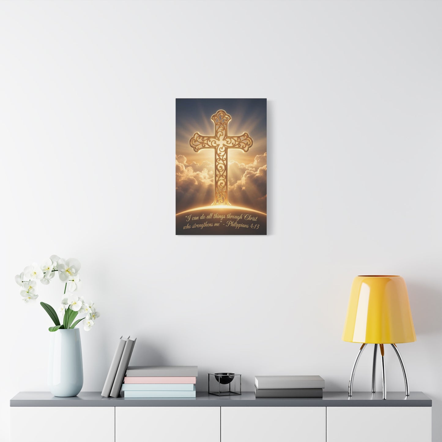 "I Can Do All Things Through Christ Who Strengthens Me" Cross Canvas Wall Art - Philippians 4:13 Scripture Decor, Golden Clouds Christian Wall Hanging, Bedroom Living Room - Bedroom Home Decoration