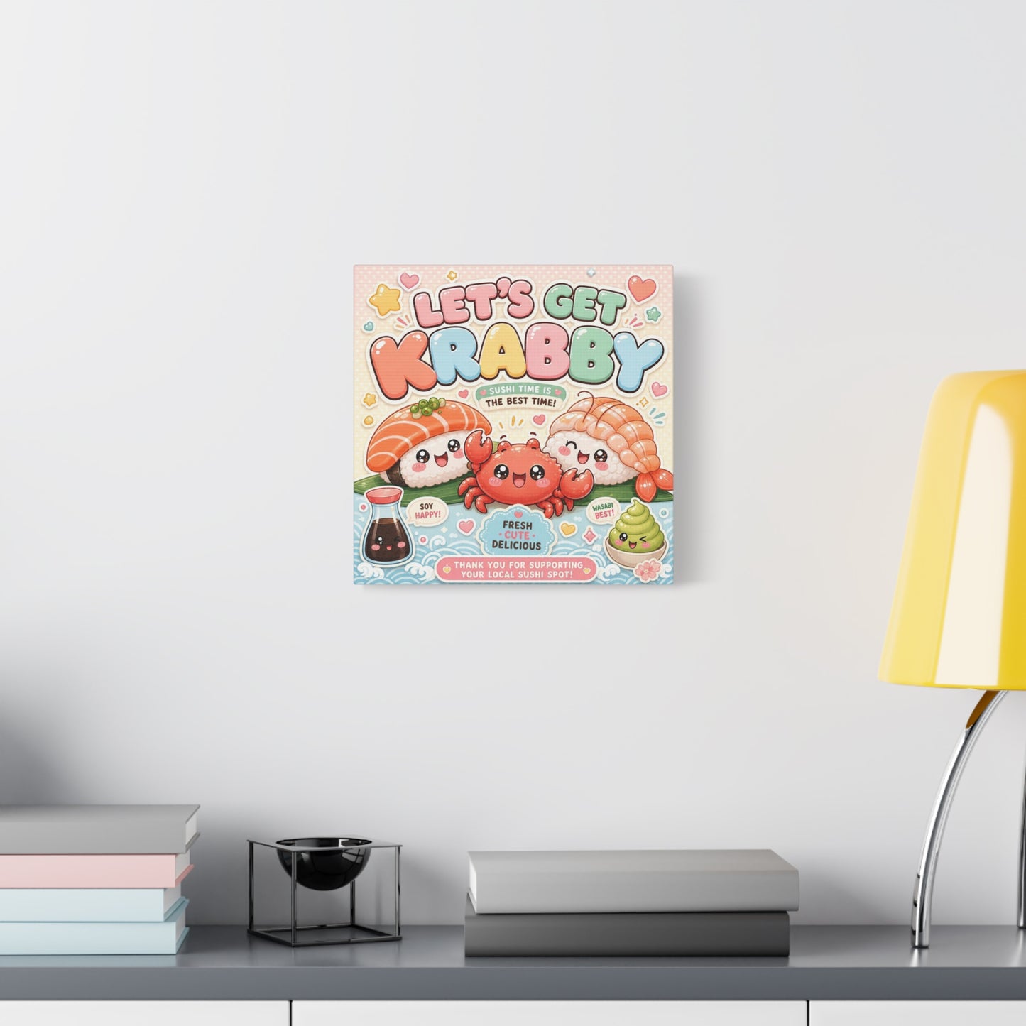 "Let's Get Krabby" Sushi Quote Canvas Wall Art - Kawaii Salmon Nigiri Shrimp Crab Illustration - Pastel Typography - Cafe Wall Decor, Restaurant Wall Hanging, Cute Food Sign - Reception Area Decor