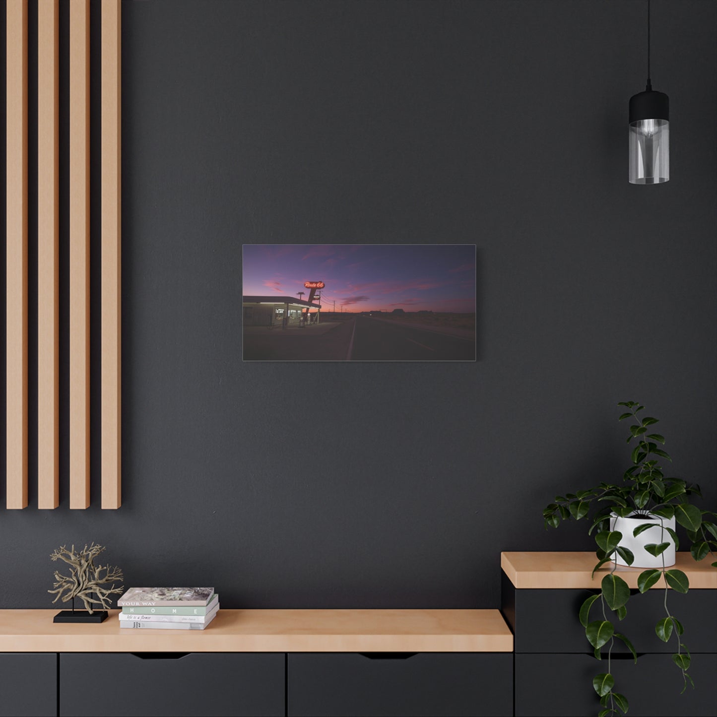 "Route 66" Desert Gas Station Canvas Wall Art - Twilight Roadside Art Print - Purple Pink Sunset Sky, Retro Americana Style - Living Room Wall Decor, Office Art - Bedroom Home Decoration