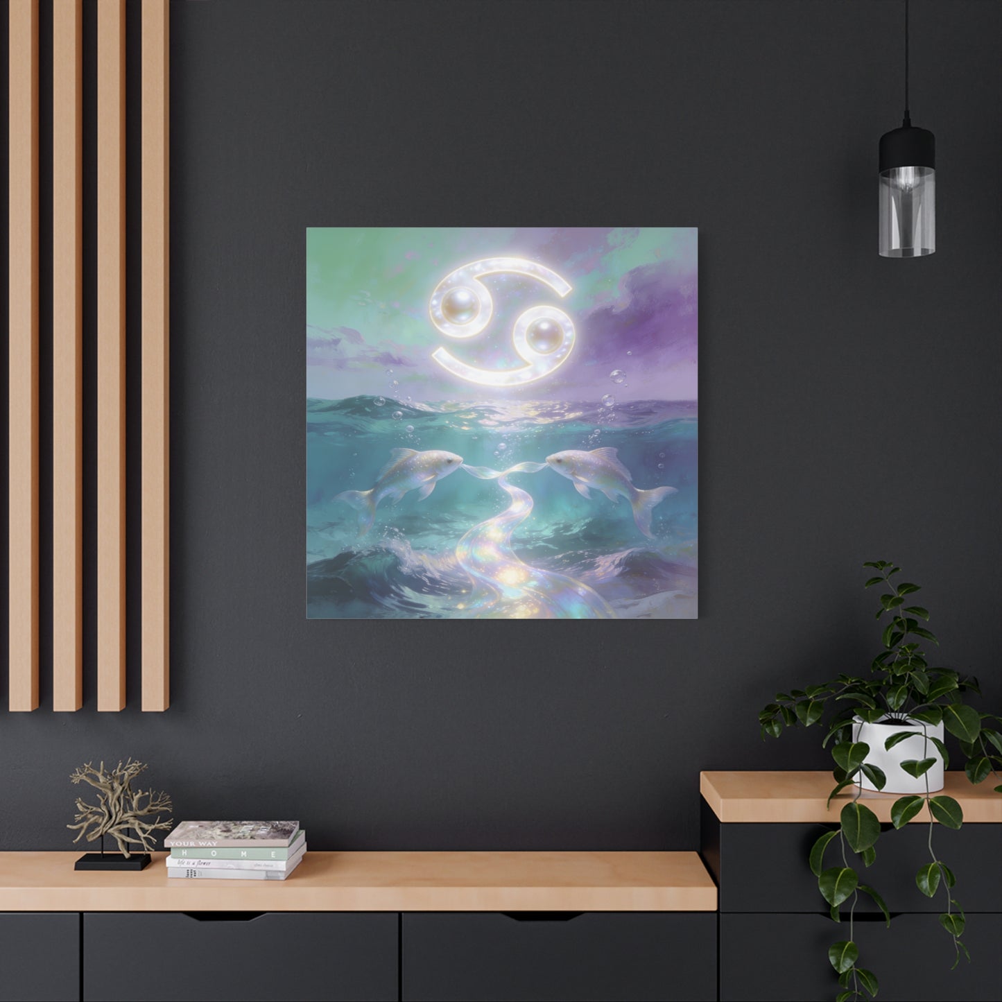 Cancer Zodiac Canvas Wall Art - Two Pearl Fish Ocean Illustration, Celestial Astrology Decor - Iridescent Matte Canvas Print - Mystical Coastal Style For Bedroom Living Room - Living Room Wall Decor