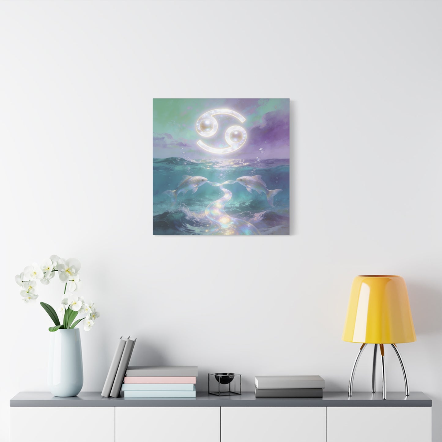 Cancer Zodiac Canvas Wall Art - Two Pearl Fish Ocean Illustration, Celestial Astrology Decor - Iridescent Matte Canvas Print - Mystical Coastal Style For Bedroom Living Room - Living Room Wall Decor