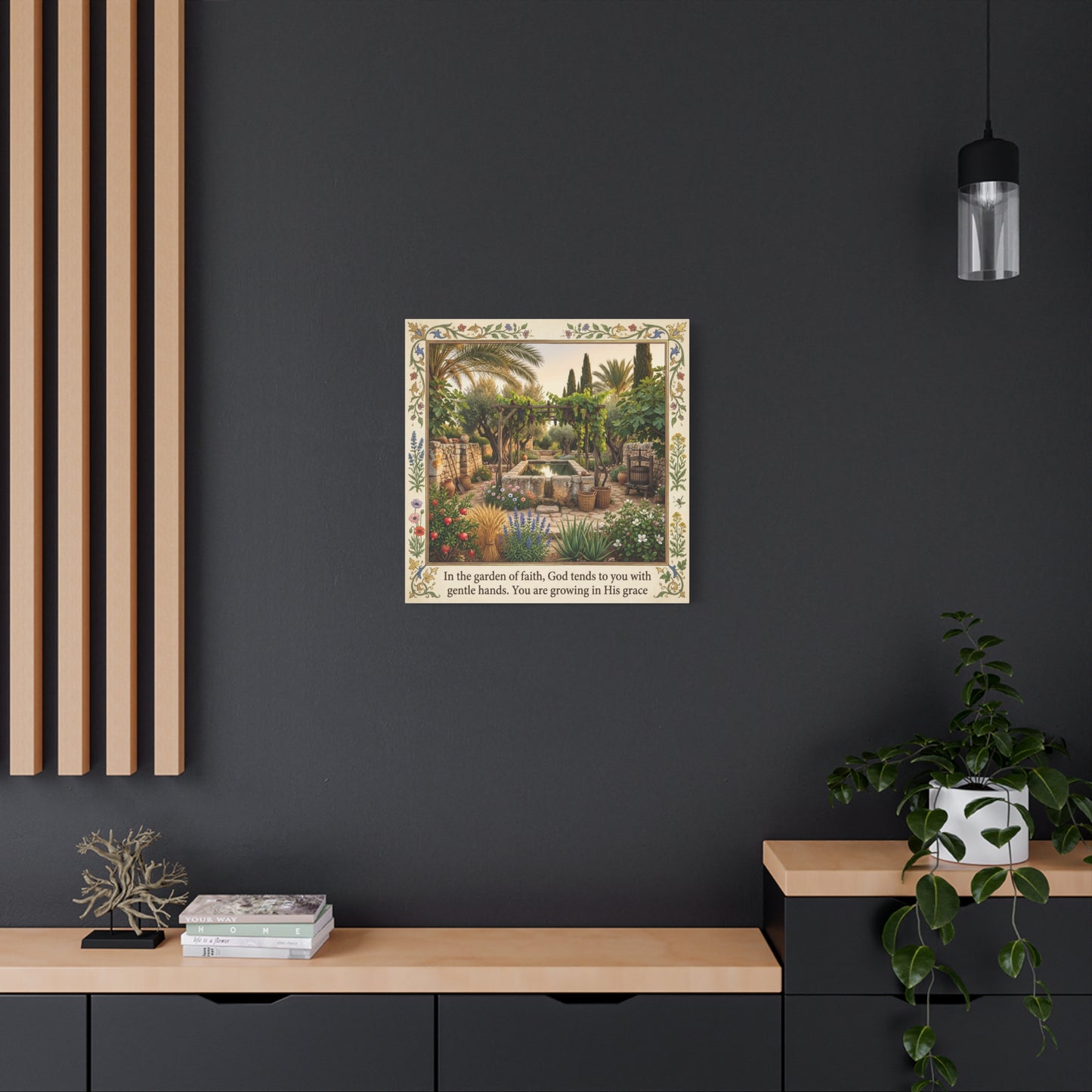 "In The Garden Of Faith, God Tends To You" Canvas Wall Art - Biblical Garden Scripture Print, Floral Border, Rustic Mediterranean Courtyard Scene - Christian Home Decor For Living Room - Ready to Hang