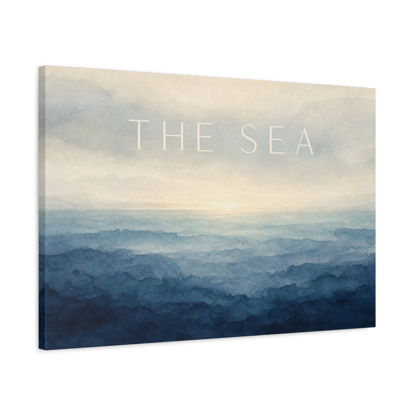 "The Sea" Coastal Canvas Wall Art - Blue Ocean Horizon Watercolor Typography Print - Serene Minimalist Seascape Decor - Bedroom Wall Hanging, Living Room Home Decoration, Meditation Space