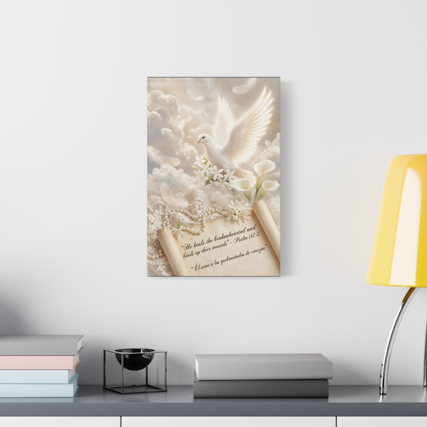 "He Heals The Brokenhearted And Binds Up Their Wounds" Dove Canvas Wall Art - Psalm 147:3 Scripture, White Lily Floral Design - Traditional Religious Decor For Bedroom - Office Wall Art