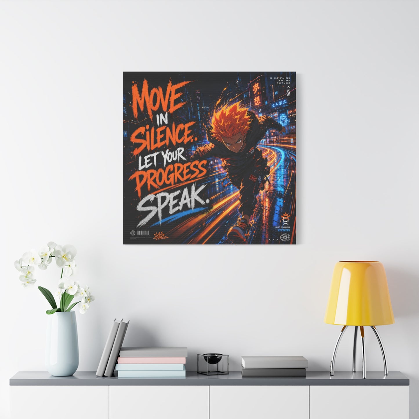 "Move In Silence Let Your Progress Speak" Anime Canvas Wall Art - Cyberpunk Runner Motivational Quote Print, Neon City Street Illustration - Teen Bedroom Decor, Home Office Accent - Office Wall Art