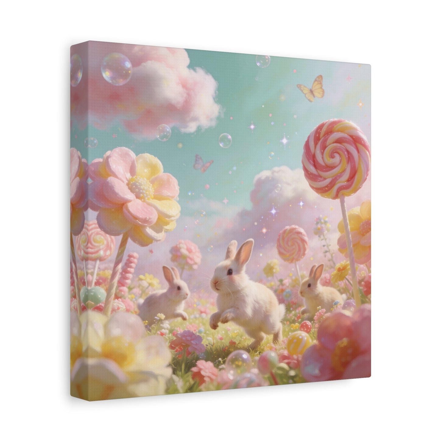 Bunny Candyland Canvas Wall Art - Pastel Rabbit Meadow, Lollipop Flowers, Dreamy Nursery Wall Decor - Whimsical Illustration - Bedroom Home Decoration, Kids Room Accent - Bedroom Home Decoration
