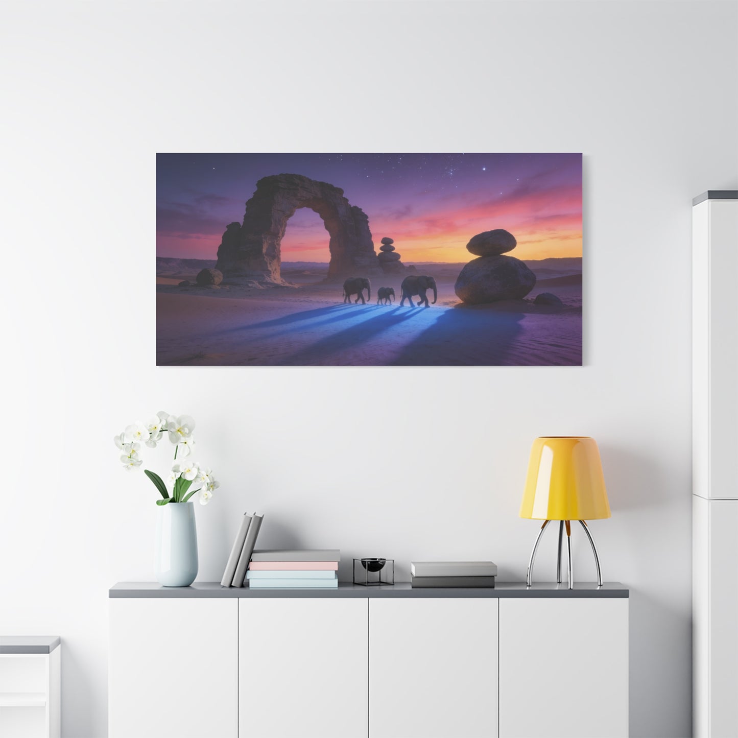 Desert Elephant Canvas Wall Art - Rock Arch Sunset Landscape, Surreal Starry Sky - Matte Cotton Art Print - Contemporary Style, Living Room Wall Decor, Bedroom Home Decoration - Modern Farmhouse Style