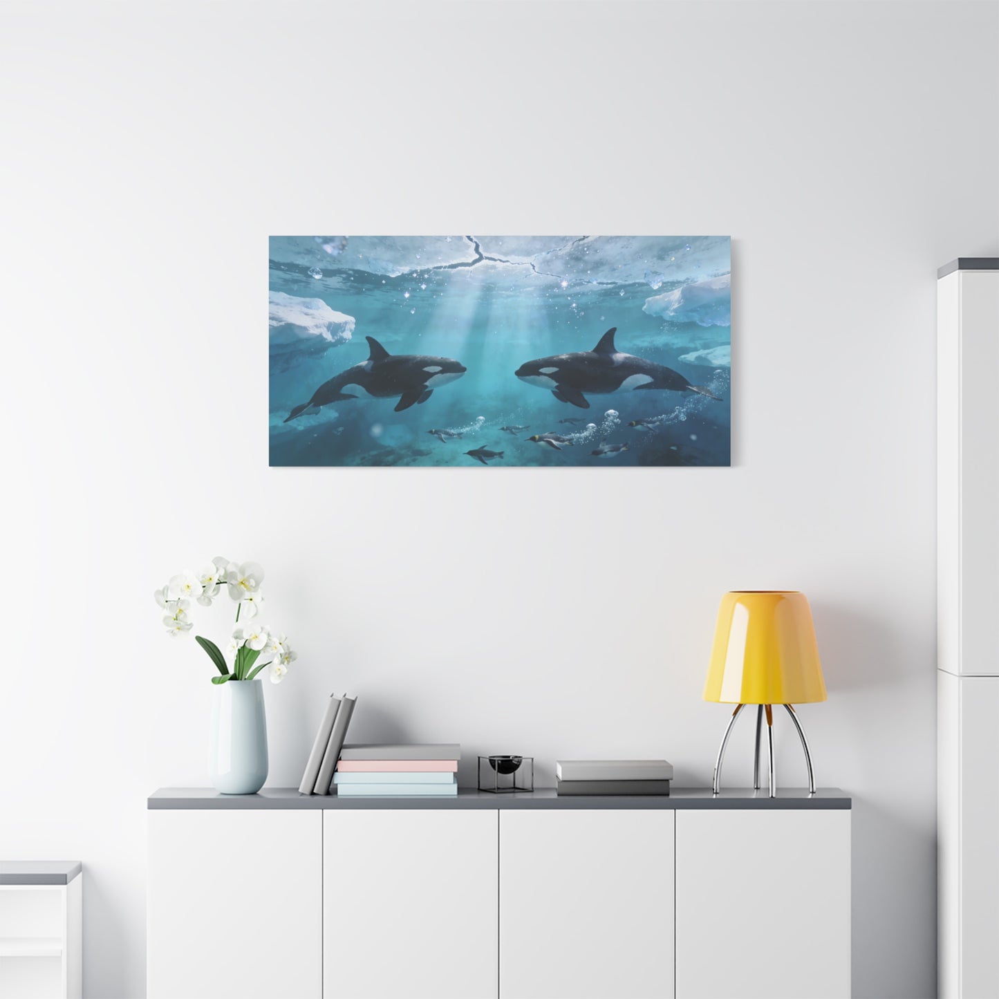 Orca Whale Canvas Wall Art - Arctic Ocean Underwater Scene, Penguins, Sea Ice - Coastal Wildlife Decor - Matte Canvas Print - Living Room Wall Decor, Bedroom Home Decoration - Bedroom Home Decoration