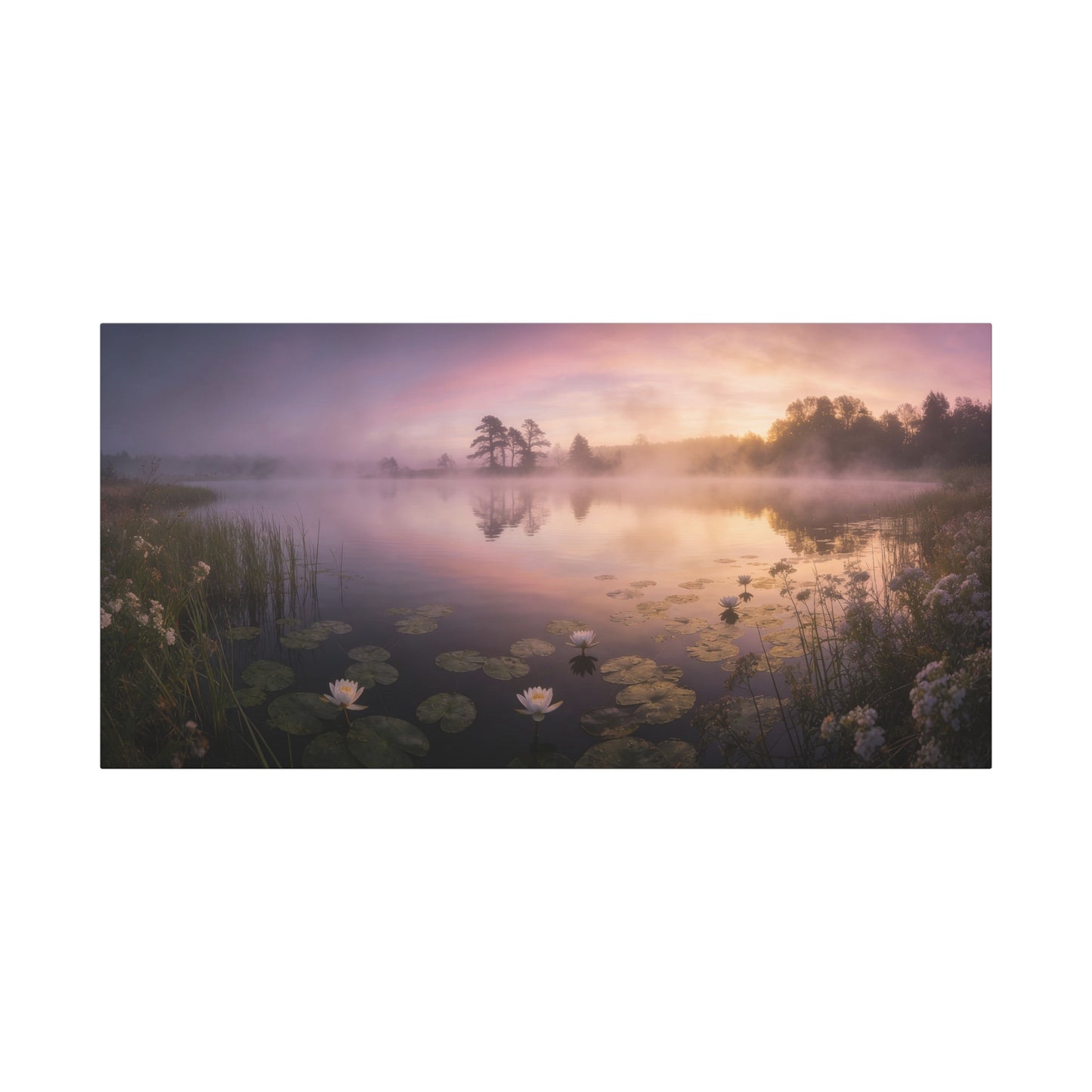Misty Lake Sunrise Canvas Wall Art - Water Lily Pond Landscape Art Print, Soft Pink And Gold Sky - Serene Nature Decor - Matte Finish Canvas Print - Living Room Wall Decor Bedroom Home Decoration