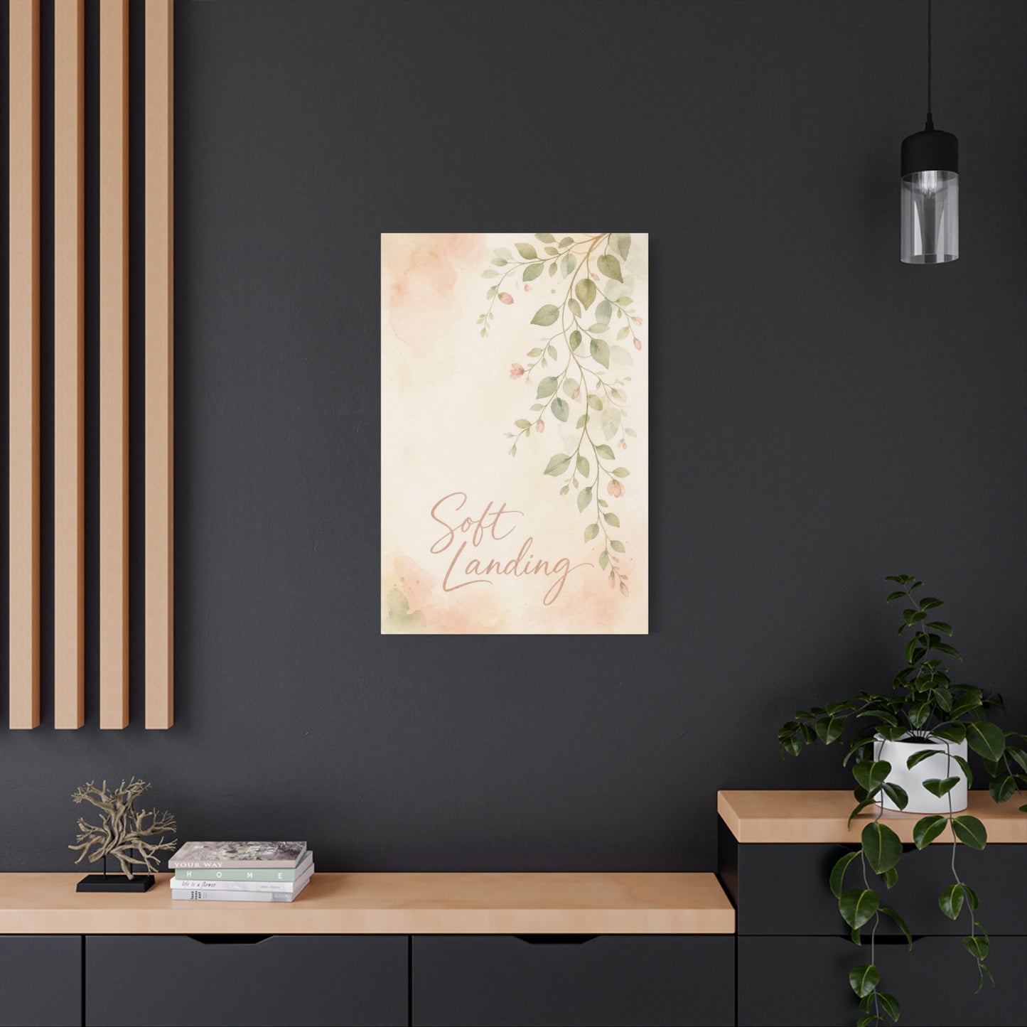 "Soft Landing" Botanical Canvas Wall Art - Watercolor Leaf Branch Quote Print - Blush Sage Floral Typography Decor - Bedroom Wall Hanging - Bedroom Home Decoration - Modern Farmhouse Style