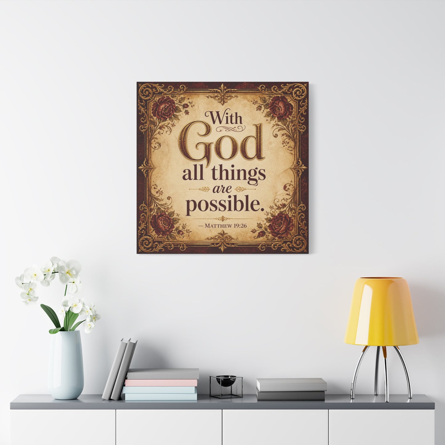 "With God All Things Are Possible. - Matthew 19:26" Christian Canvas Wall Art - Vintage Floral Scripture Print, Traditional Inspirational Decor, Living Room Bedroom Wall Hanging - Ready to Hang