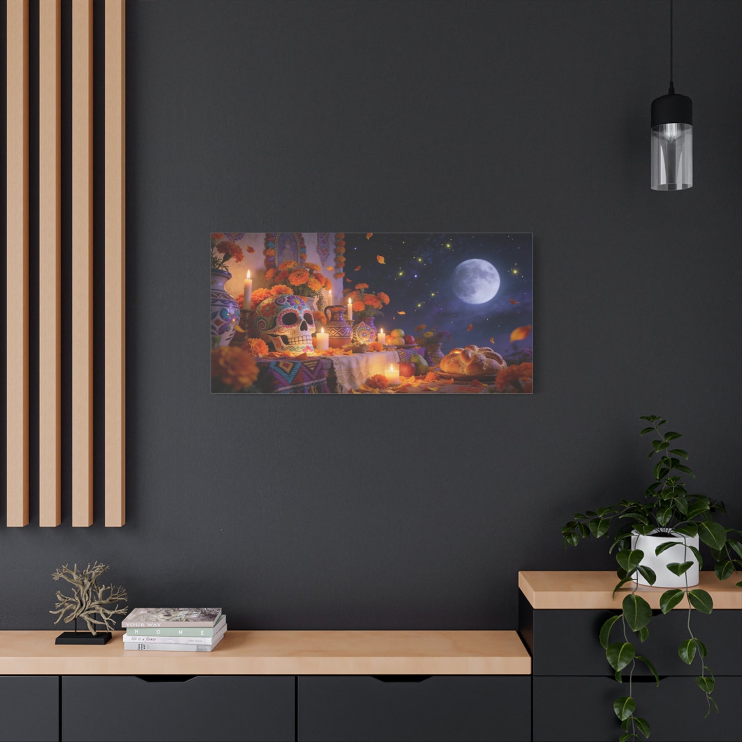 Day Of The Dead Altar Canvas Wall Art - Sugar Skull, Marigolds, Candles, Full Moon - Traditional Folk Style - Living Room Wall Decor, Dining Room Accent, Bedroom Home Decoration - Ready to Hang