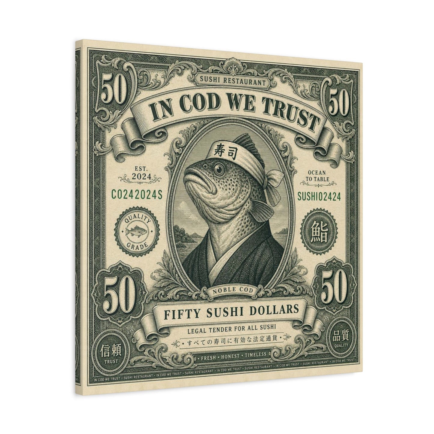 "In Cod We Trust" Sushi Restaurant Canvas Wall Art - Vintage Money Bill Fish Illustration, Typography Poster Style, Cotton Canvas Print, Cafe Decor, Dining Room Accent, Office Art - Ready to Hang