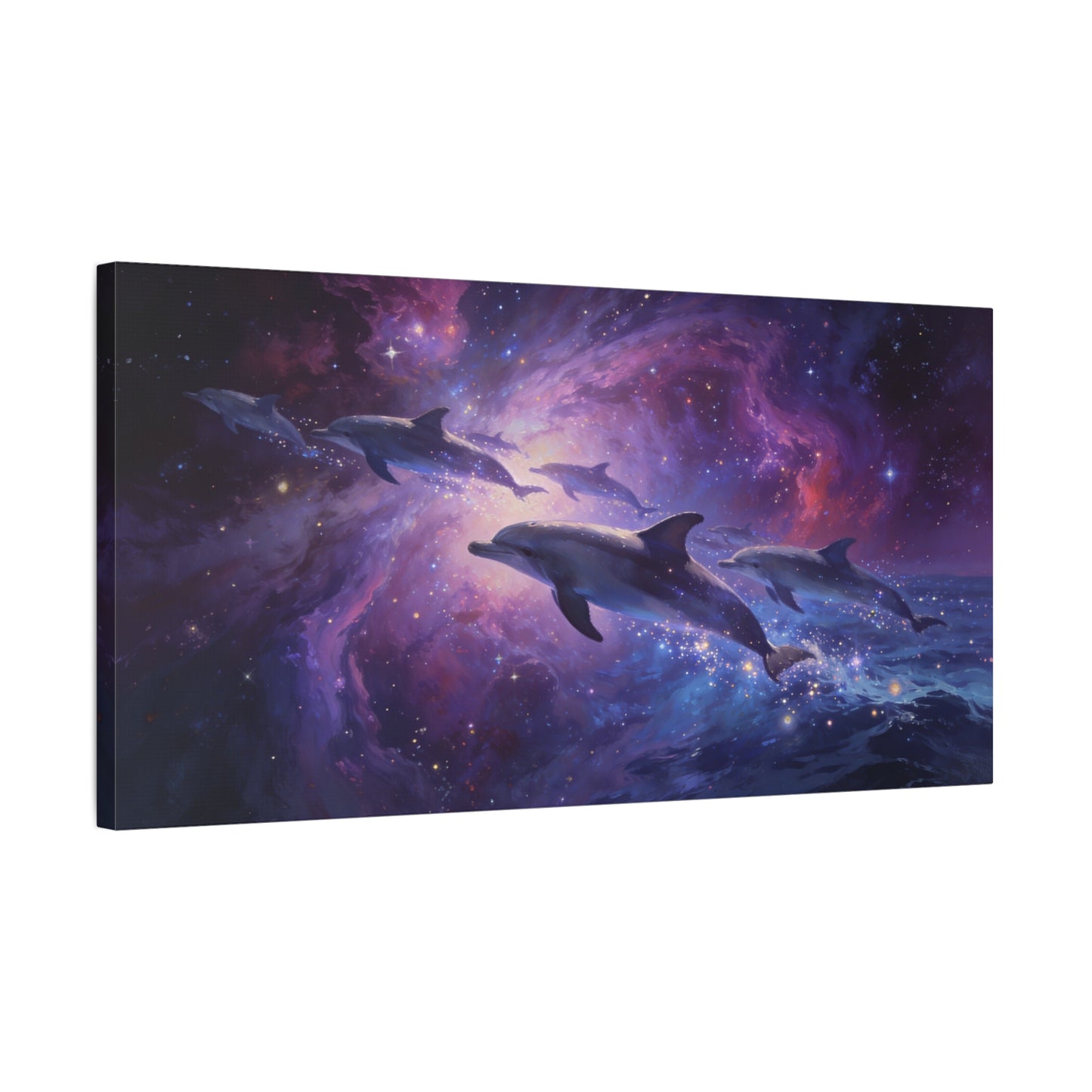 Cosmic Dolphin Canvas Wall Art - Celestial Ocean Galaxy Painting, Zebra Print Wallpaper Inspired Purple Blue Space Scene - Matte Canvas Print - Bedroom Living Room Decor - Living Room Wall Decor