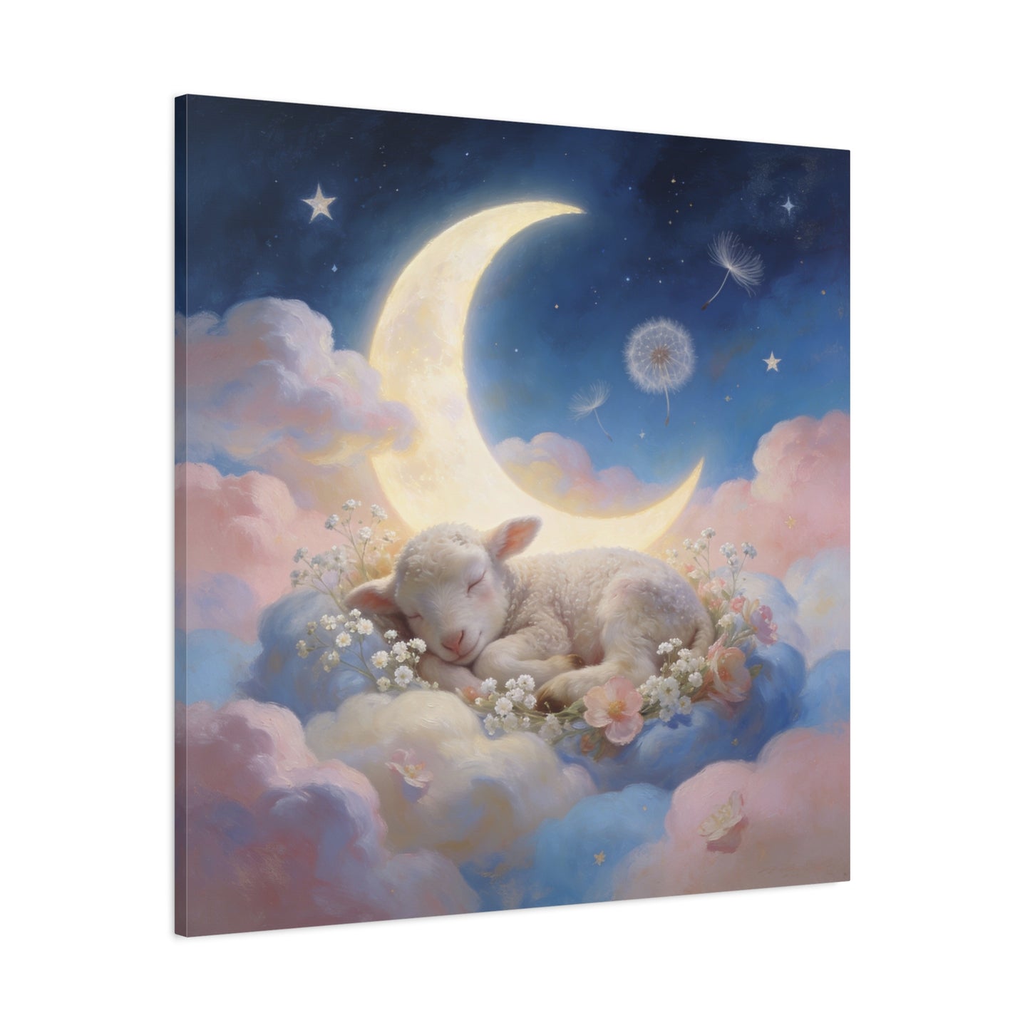 Sleeping Lamb Canvas Wall Art - Crescent Moon, Stars, Pink Clouds Nursery Decor - Dreamy Pastel Canvas Print - Whimsical Storybook Style - Bedroom Home Decoration, Kids Room Accent - Office Wall Art