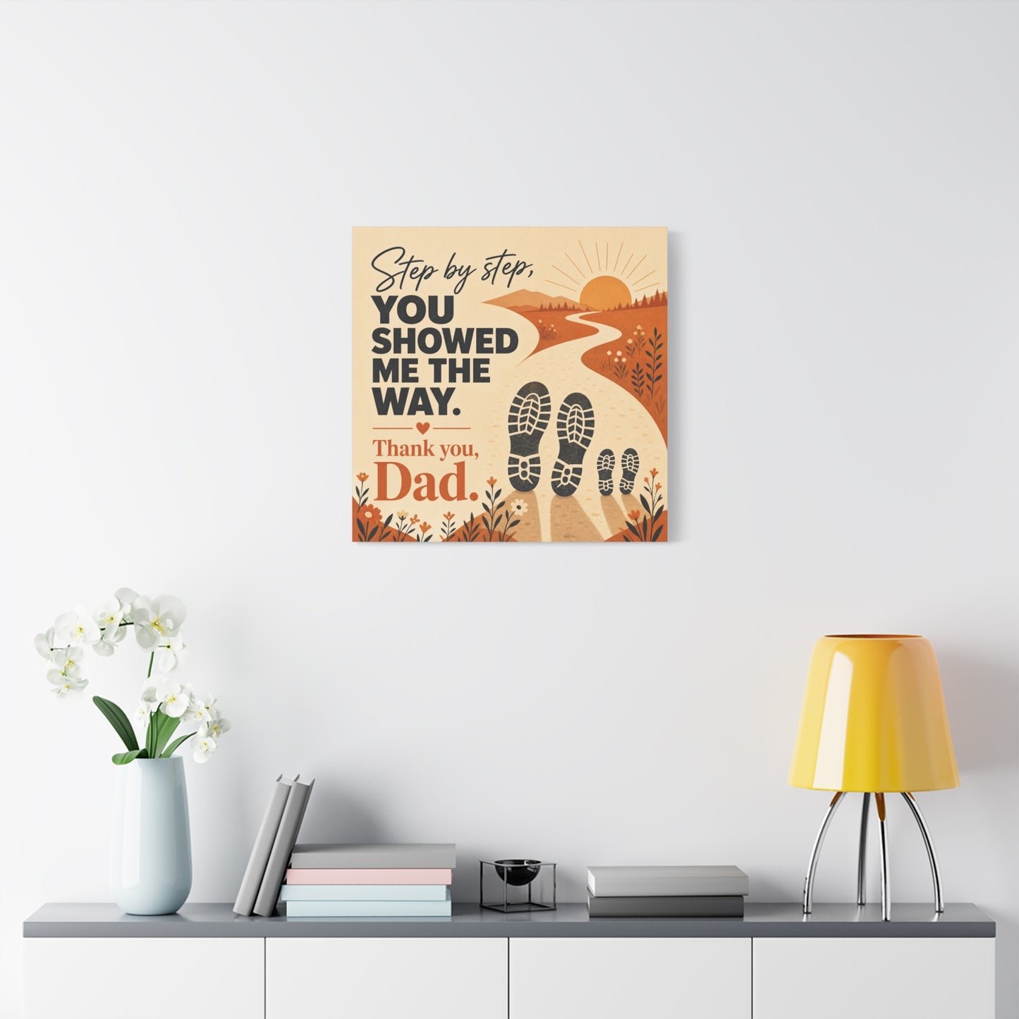 "Step By Step, You Showed Me The Way. Thank You, Dad." Canvas Wall Art - Father Quote Sunset Path Print, Rustic Modern Typography Decor, Bedroom Home Decoration - Office Wall Art - Ready to Hang