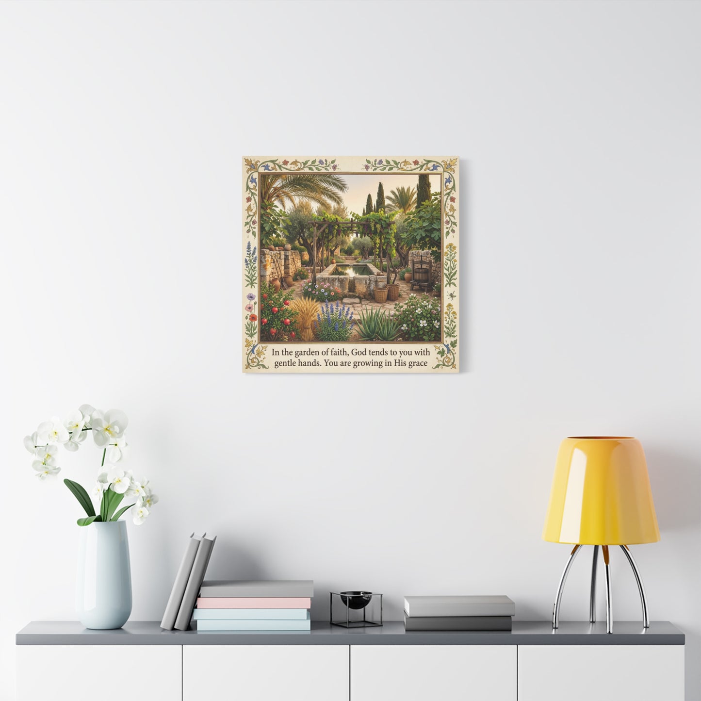 "In The Garden Of Faith, God Tends To You" Canvas Wall Art - Biblical Garden Scripture Print, Floral Border, Rustic Mediterranean Courtyard Scene - Christian Home Decor For Living Room - Ready to Hang