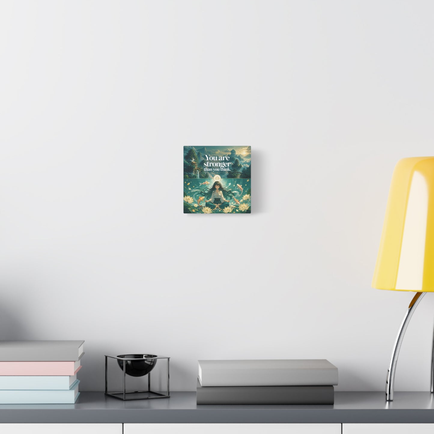 "You Are Stronger Than You Think." Inspirational Canvas Wall Art - Meditating Girl, Koi Fish, Lotus Lake - Zen Fantasy Landscape - Bedroom Wall Decor, Meditation Space, Jellyfish Room Decor